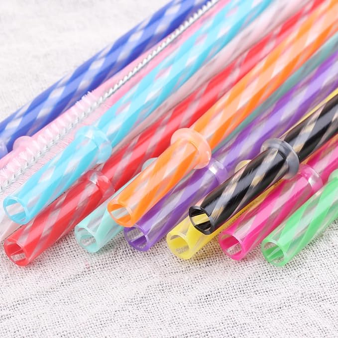 Dakoufish 12 Piece 8 Inch Reusable Plastic Thick Drinking Straws BPA Free Mason Jar Straws Transparent Small Stripe (8inch, Mix 12color)