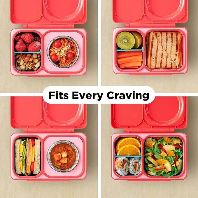 Omie OmieBox UP bento Box for Kids | Insulated Lunch Box | Leak Proof Vacuum Insulated Thermal Food jar | Cooler ice Pack | 2 Compartments (Cherry Pink)