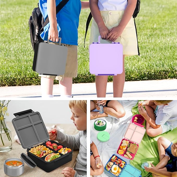 Bento Lunch Box with 8oz Soup Thermo, Leak-Proof Lunch Containers with 4 Compartment, Thermo Hot Food Jar and Insulated Lunch Box for School Black
