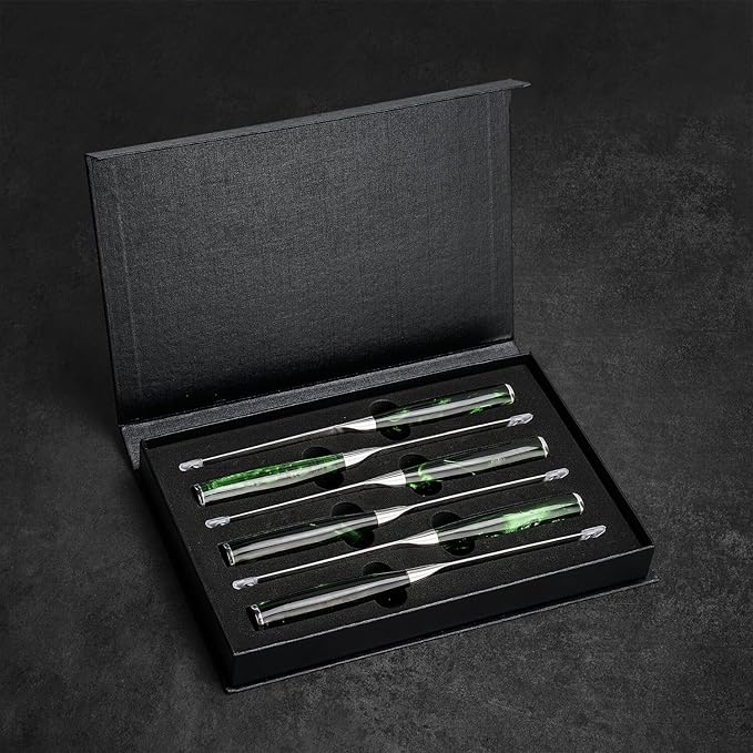 SENKEN Professional Steak Knife Set with Beautiful Engraved Pattern - Wasabi Collection - Razor Sharp Serrated High Carbon Steel & Emerald Green Resin Handle (6 Piece Steak Knife Set)