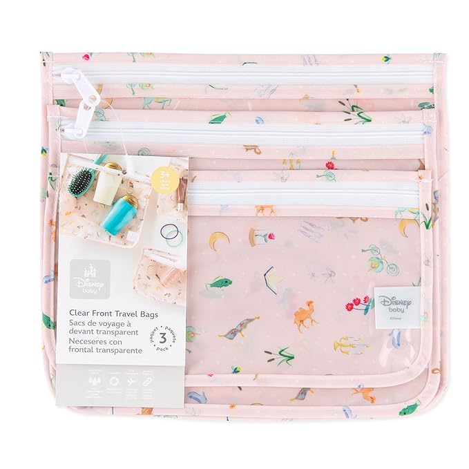 Bumkins Disney Travel Bag, Toiletry, Baby, TSA Approved Pouch, Zip Bag, Quart Size Airline Compliant, Clear-Sided, Diaper Bag Organization, Makeup, Accessories, Set of 3 Sizes, Princess Magi