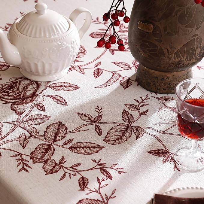 ISAENNE Designer Vintage Linen Small Rectangular Tablecloth,Red Floral Pattern Linen Stain Resistant Table Cloth,Decor Tablecloths for Dining Thanksgiving Kitchen Tea Party,55"*71"-Harmony