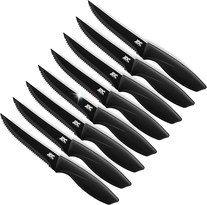 LDC Serrated Steak Knives Set of 8, Elegant Black Ultra Sharp Knives, Dishwasher Safe Stainless Steel Dining Knife Set