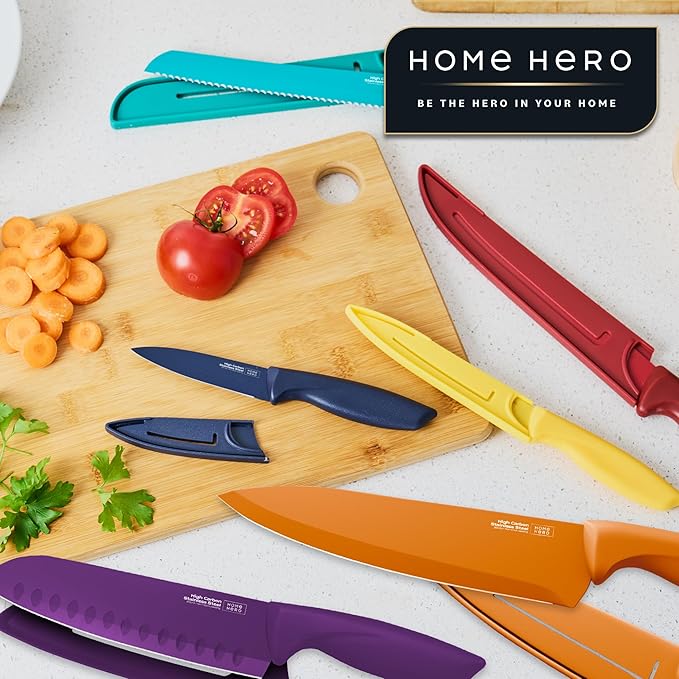 Home Hero Kitchen Knife Set - High Carbon Stainless Steel Blades - Nonstick Ceramic Coating - Ergonomic Handles with Protective Sheaths - 12 Pieces, Multicolor