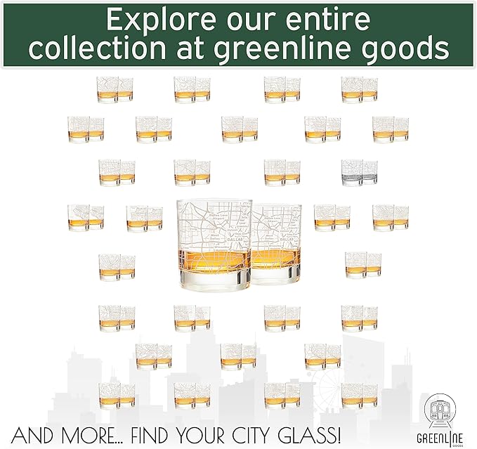 Greenline Goods Whiskey Glasses - 10 Oz Tumbler Set for Dallas lovers, Etched with Dallas Map Old Fashioned Rocks Glass - Set of 2