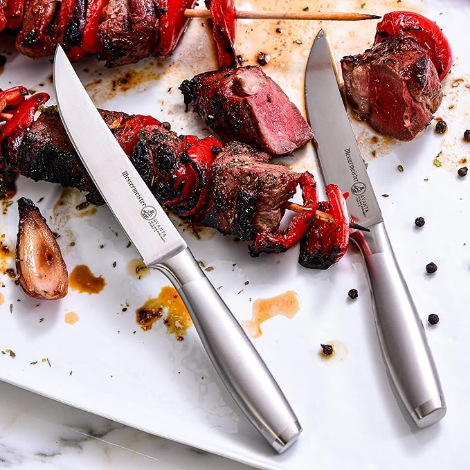 Messermeister Avanta Forged 5” Fine Edge Steak Knife Set - Pack of 2 - German X50 Stainless Steel - Rust Resistant & Easy to Maintain - 8 Steak Knives Total