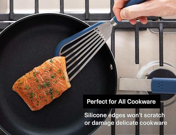 Misen Fish Silicone Spatula - Slotted Turner for Cooking - Perfect for Frying - Heat Resistant - Dishwasher Safe -1mm Thick Flexible Flipper - Soft Silicone Grip Handle for Easy Use