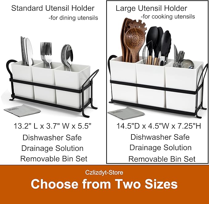 Large Utensil Caddy, Drainage Utensil Holder for Kitchen Counter, 3pcs Bins Set Cooking Utensil Organizer for Spoons, Spatulas, White