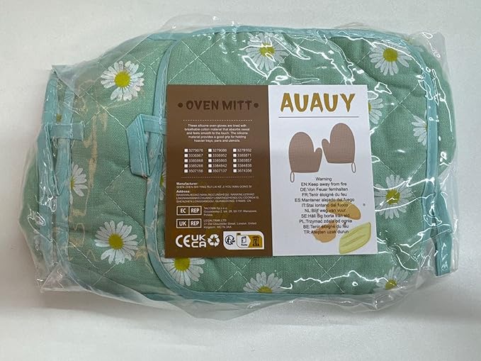 AUAUY Oven Mitts and Potholders, BBQ Gloves Heat Resistant, 1 Pair Oven Mitts and 2 Pot Holders, Cotton Non-Slip Cooking Gloves Home Essentials for Cooking Baking Kitchen Microwave Pizza (Daisy-Green)