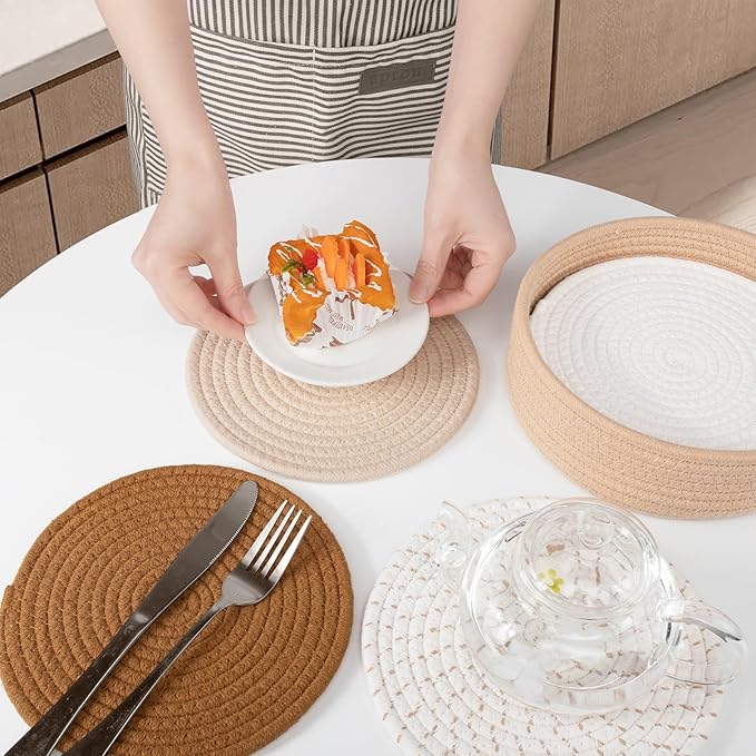 8" Trivets for Hot Dishes, Hot pots and Pans,6 Heat Resistant Hot Pads and Storage Basket 1 Pack,Pot Holders for Kitchen, Hot Plate Mats for Kitchen Countertops