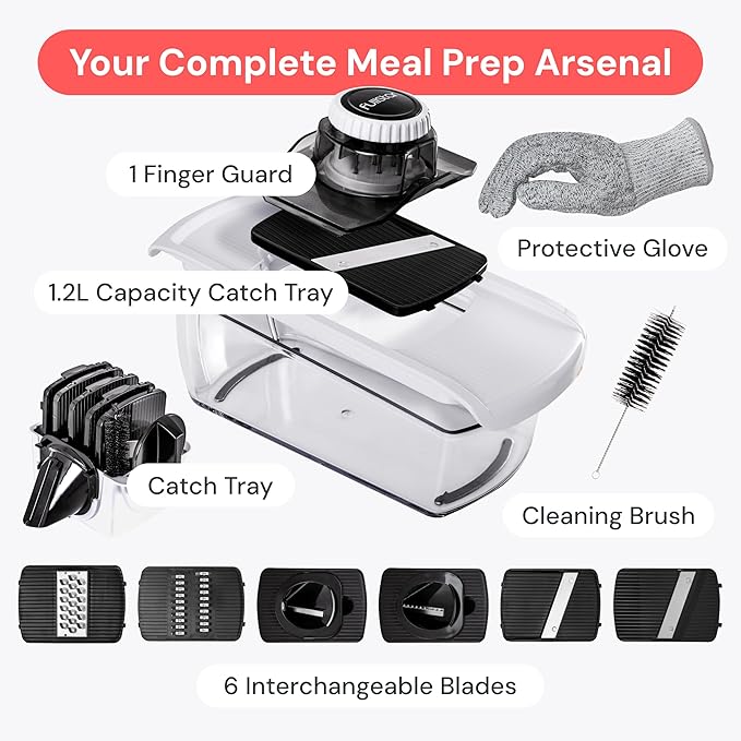 Fullstar Mandoline Slicer for Kitchen, Fruit Cutter, Cheese Grater, Cucumber Slicer, Veggie Spiralizer, Food Cutter & Kitchen Gadgets & Gifts with Safety Glove (6 in 1, White)
