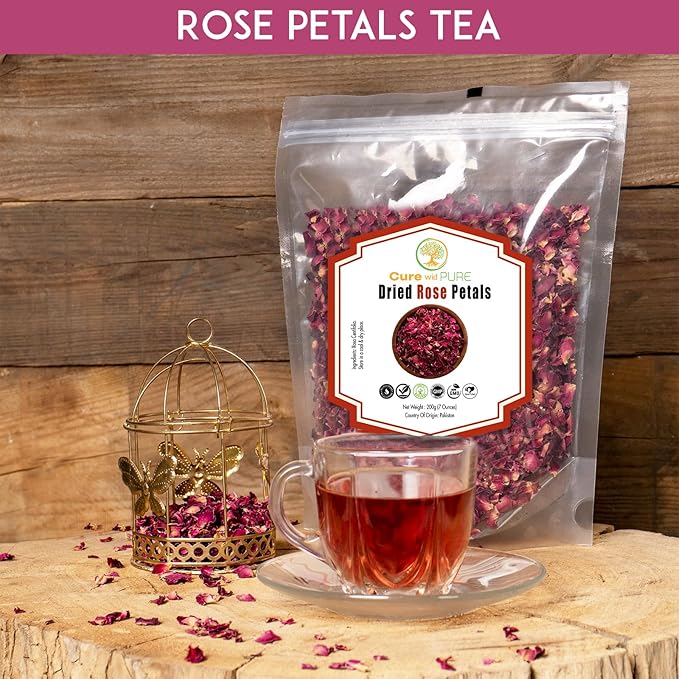 Cure Wid Pure Certified Organic Dried Rose Petals 7oz Food-Grade Edible Rose Petals for Tea,Cocktails,Baking,Skincare & DIY - Sun-Dried,Non-GMO,Gluten & Chemical-Free Edible Flowers in Resealable Bag