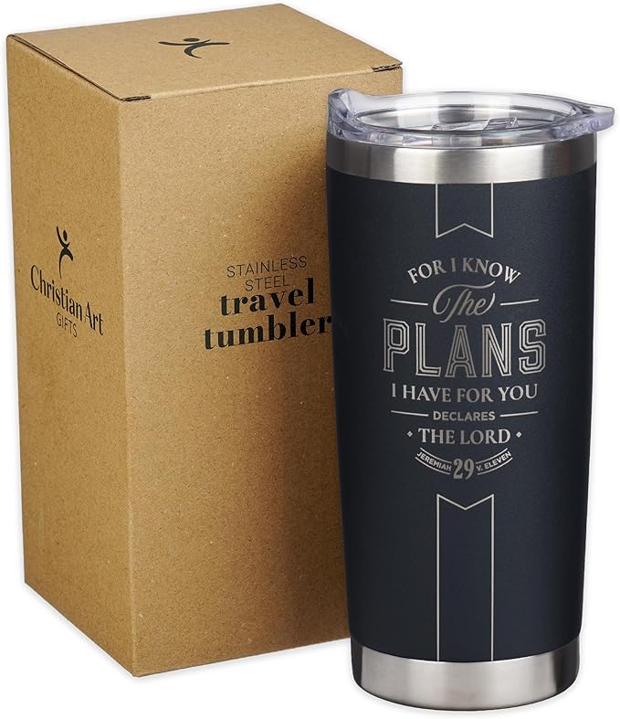 Christian Art Gifts Large Stainless Steel Inspirational Travel Tumbler for Men & Women: Know the Plans Encouraging Bible Verse, Engraved Double Wall Vacuum Insulated, Lid, 24hr Hot/Cold, Black, 18 oz.