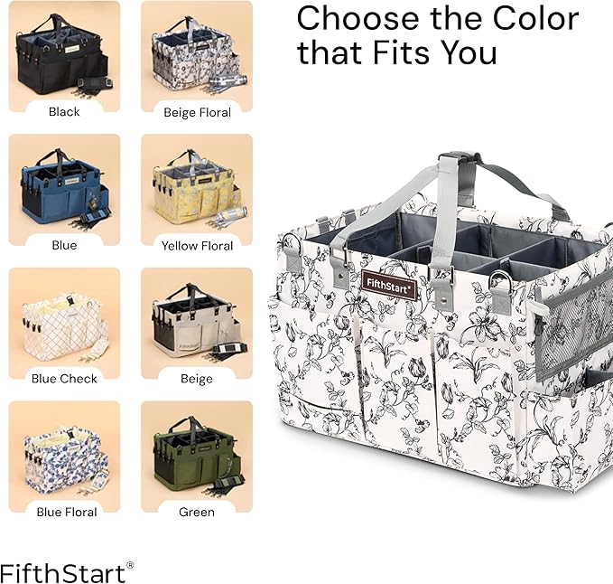FifthStart Multiuse Cleaning Caddy with Waist & Shoulder Strap - Diaper Caddy & Beach Bag - 9 Pockets & Mesh Base - Adjustable Compartments (Black, Small) - Cleaning Supplies Organizer Bag