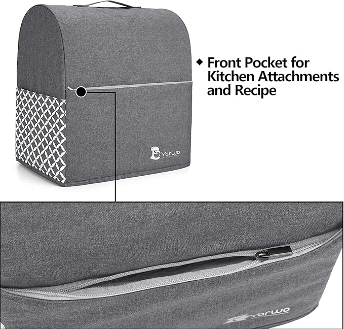Yarwo Stand Mixer Cover Compatible with 6-8 Quart KitchenAid Mixer, Protective Dust Cover with Top Handle and Pockets for Accessories, Gray with Grid