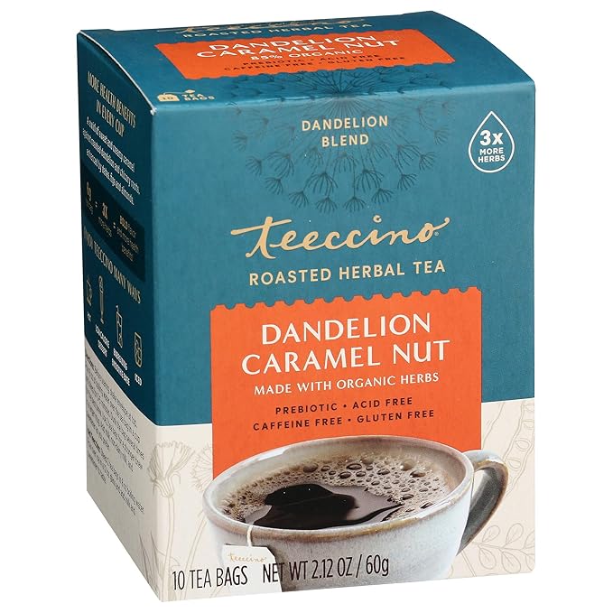 Teeccino Dandelion Tea – Caramel Nut - Roasted Herbal Tea | Organic Dandelion Root | Prebiotic | Caffeine Free | Gluten Free | Acid Free, Coffee Alternative, 10 Tea Bags
