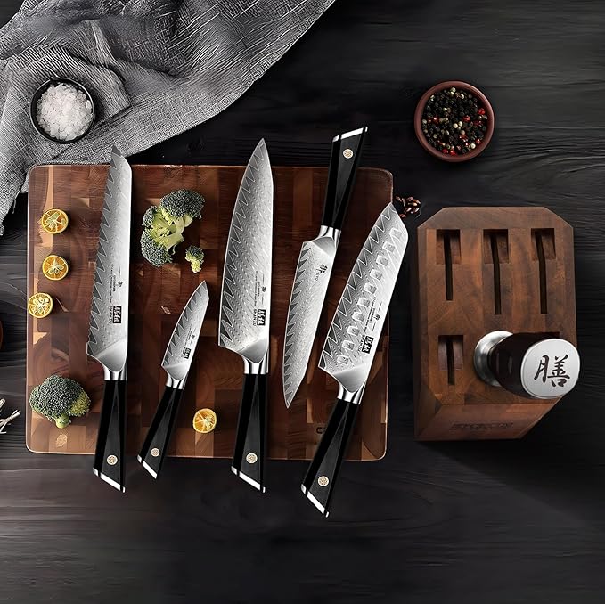 SHAN ZU Damascus Kitchen Knife Set, 7-Piece Professional Knife Sets for Chefs, Japanese 10Cr15CoMoV Super Steel With G10 Handle Knife Block Set, GYO Series