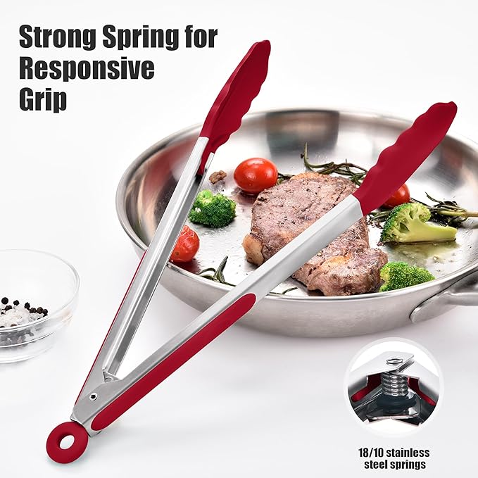 Doosu Kitchen Tongs for Cooking - 600°F Heat Resistant Food Tong with Non-Scratch Silicone Tips, Heavy Duty Stainless Steel Locking Tong for BBQ, Grilling Steak, Serving Salad, Pasta (12in, Red)