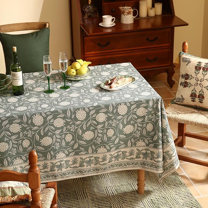 ISAENNE Designer Grayish Green Linen Square Tablecloth,Floral Elegant Stain Resistant Table Cloth,Fall Vintage Decor Tablecloths for Dining Thanksgiving Kitchen Tea Party,67"*67"-Andrew A