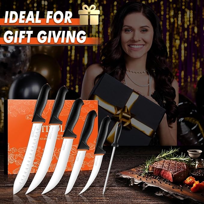 TIVOLI 6 PCS Professional Butcher Knife Set, Game Processing Knife Set, Non-Slip Softgrip, German Stainless Steel, Skinning Boning Trimming Poultry Knife Set For Meat Cutting, Incl 7" Sharpener Rod