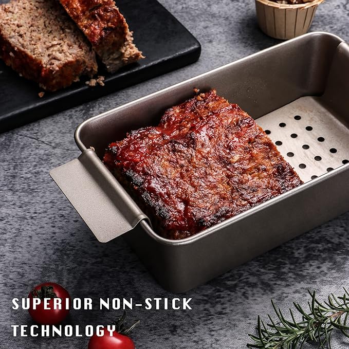 HONGBAKE Meatloaf Pan with Drain Tray, 9 x 5 Loaf Pans with Insert, Nonstick Meat Loaf for Baking, Reduce the Fat and Kick Up the Flavor, Champagne Gold