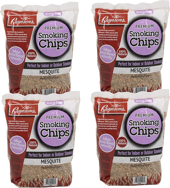 Camerons All Natural Extra Fine Mesquite BBQ Wood Chips, 4 Pack -260 Cu. In. Bag, Approx 2 lbs ea- Kiln Dried Sawdust Shavings for Cocktail Smoking Guns, Smokers, Smoke Boxes - Barbecue Grilling Gifts