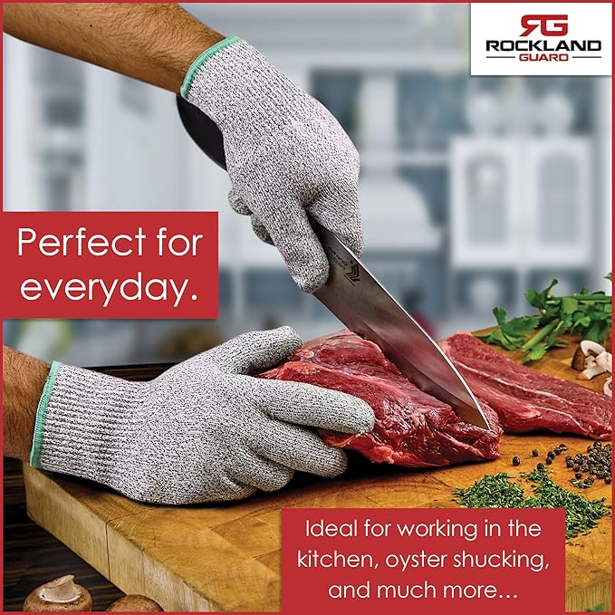 Rockland Guard Professional Oyster Shucking Knife Set - Includes 3.5" Stainless Steel Oyster Shucker with Non-Slip Handle & Bent Tip, Kitchen Cutting Gloves - Food-Grade, Dishwasher-Safe Seafood Tools Set - Small