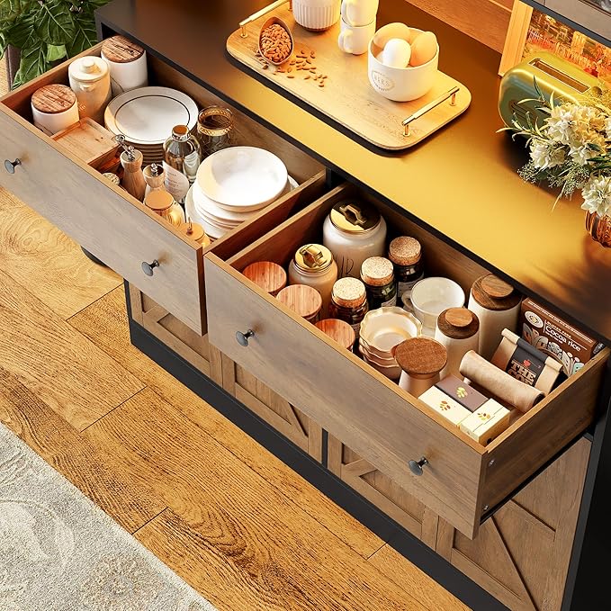 FINETONES 71" Pantry Cabinet with LED Light and Charging Station, Farmhouse Kitchen Pantry Cabinet with Microwave Stand, 47.2" Wide Kitchen Hutch Food Pantry with Open Countertop, Black/Brown