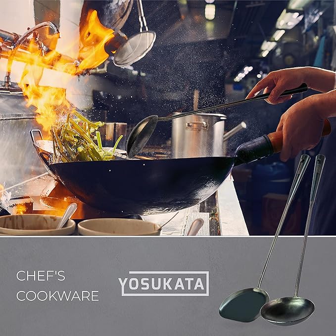 YOSUKATA Pre-Seasoned Wok Utensils Set - Blue Carbon Steel 17-inch Wok Spatula, Wok Ladle, 3 pairs Chopsticks - Durable Asian Cooking Tools