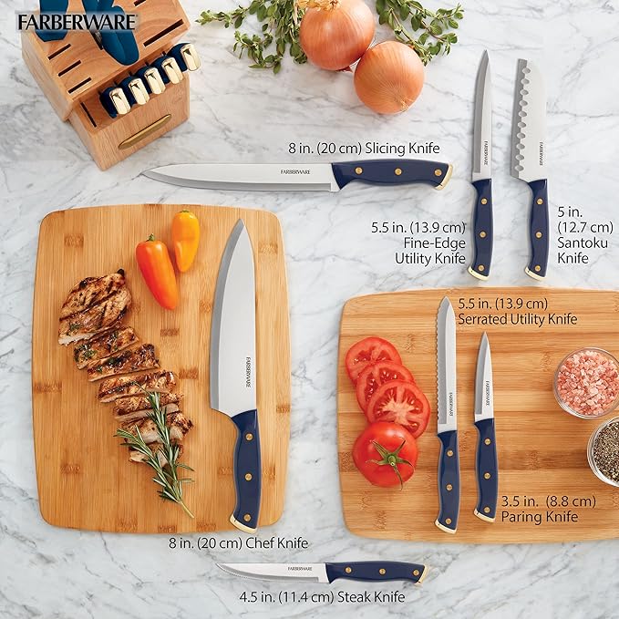 Farberware Triple Riveted Knife Block Set, 15-Piece, Navy and Gold, High-Carbon Stainless Steel Blades, Ergonomic Handles, Includes Wood Storage Block