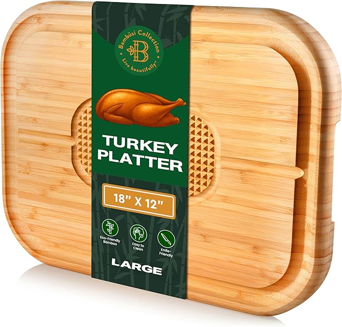 Turkey Platter for Thanksgiving - 18x12 Reversible Bamboo Carving Cutting Board for BBQ or Grilling - Heavy Duty Butcher Block with Deep Juice Groove, Spikes, Grid Grip - Large Kitchen Christmas Gift