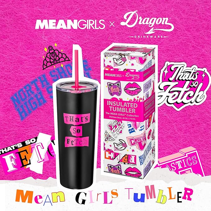 Dragon Glassware x Mean Girls Vacuum Insulated Tumbler with Lid and Straw - 24 oz Tumbler Cup with 2 Straws - Stainless Steel Tumbler with Straw for Water, Iced Tea - That's So Fetch