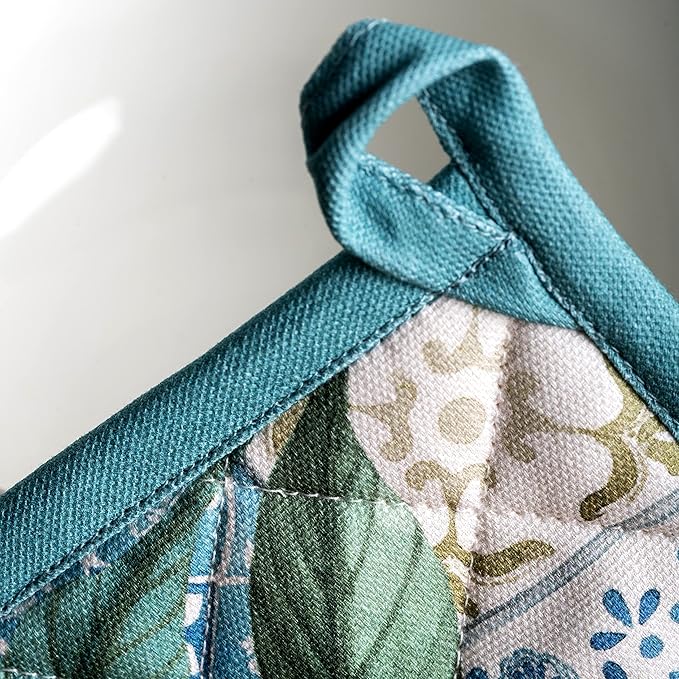 Maison d' Hermine 100% Cotton Oven Mitt & Pot Holder Set (7.5"x13" & 8"x8") Heat Resistant BBQ Cooking Gloves with Loop, Baking, Grilling, Kitchen, Handling Hot Pans Spring/Summer (Agrume)