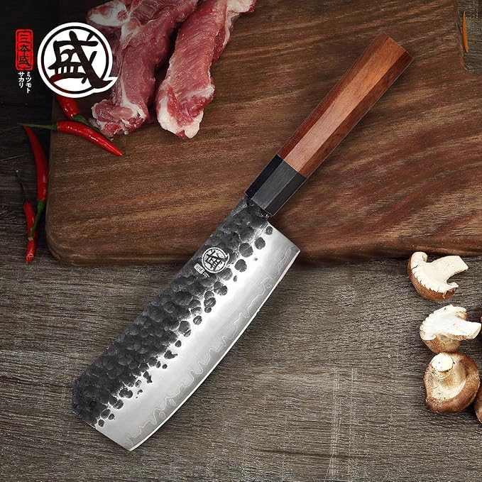 MITSUMOTO SAKARI Boning Knife 7 inch - Hand Forged Japanese Meat Cleaver Knives, 3-Layer 9CR18MOV High Carbon Steel, Rosewood Handle & Sandalwood Box