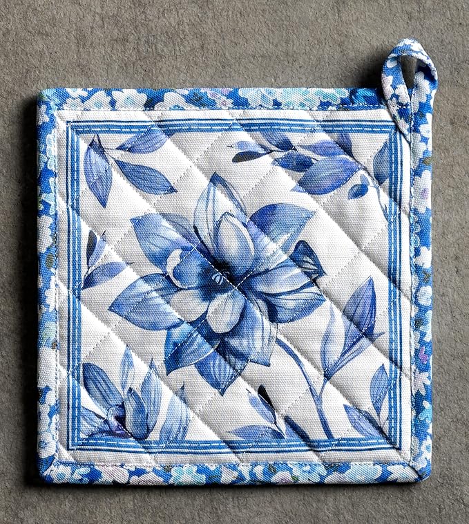 Maison d' Hermine Pot Holders 100% Cotton Heat Resistant Potholders 8" x 8" Hot Pads with Loop BBQ, Cooking, Baking, Grilling, Kitchen, Handling Hot Pans Spring/Summer (Pack of 1, Summer Blues)