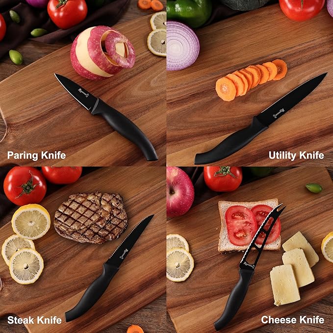ROMANTICIST Knife Set, 10 Pieces Knife Block Set - Stainless Steel Kitchen Knives with Sharpener and Cheese Knife, Non-Slip Ergonomic Handles, Exquisite Knives Set - Stylish Black