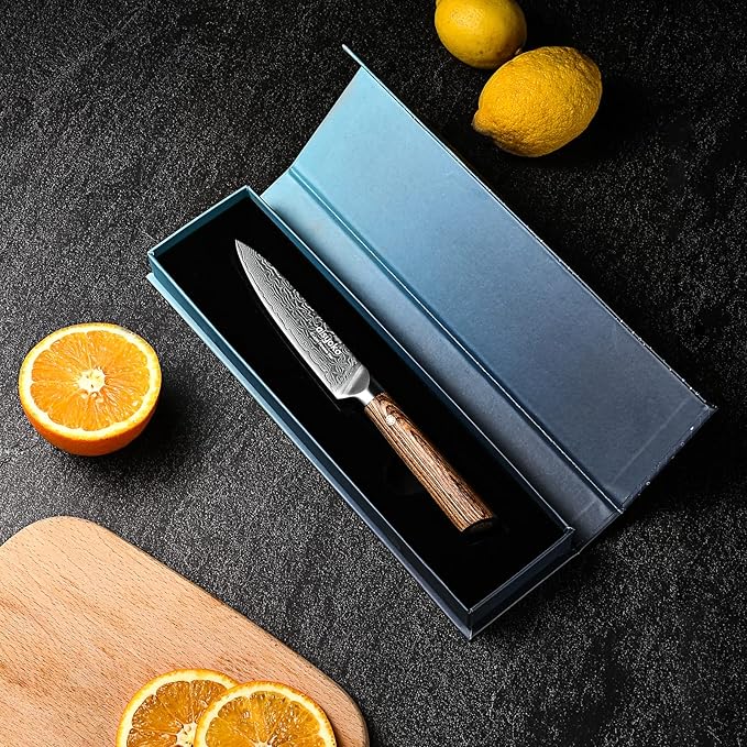 5-Inch Paring Knife - Japanese VG-10 Super Steel 67-Layer Damascus Blade - Fruit Utility Knife for Carving & Peeling - Luxury Gift Box with Color Wooden Handle - Includes Scabbard