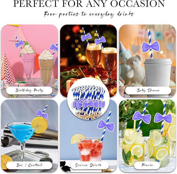 Bow Tie Themed Drinking Straws – 50 Pcs Disposable Purple Striped Party Straws - Image 6