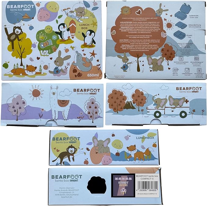 BEARFOOT Kids Lunch Box with Compartments โ Compact & Lightweight | Leak-Proof, BPA-Free, Dishwasher & Microwave Safe | Hand-Drawn Design for Preschool, School, Travel (Game Black, 2.75 Cups)