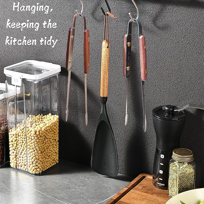 Premium Cooking Tongs - 304 Stainless Steel & Walnut Wood, Comfortable Grip, Non-Slip Design, High Heat Resistant - Ideal for Home, Kitchen, Barbecue & Frying Steak, 9-Inch, Black