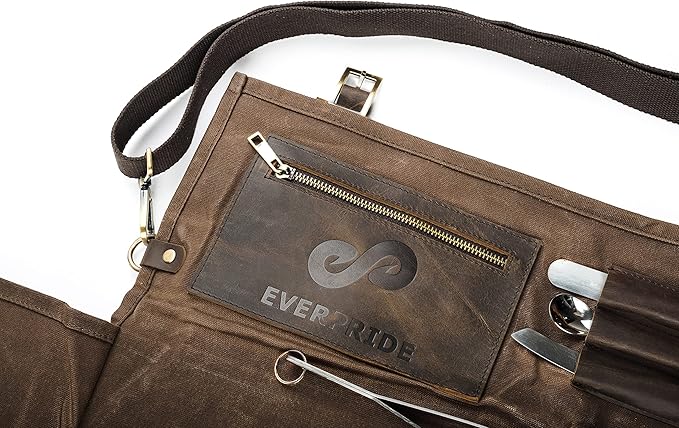 EVERPRIDE Waxed Canvas and Leather Chef Knife Roll Bag – Chef Bag Holds 10 Knives up to 15” PLUS Pocket for Cooking Accessories – Durable Knife Case for Professional Chefs – Knives Not Included