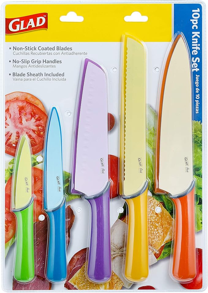 GLAD Knife Set for Kitchen – Stainless Steel Chef Knives with Sheaths | Sharp Colored Blades with Non-Slip Handles | Assorted Nonstick Cooking Essentials for Home