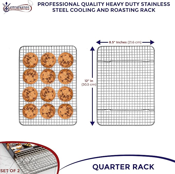 KITCHENATICS Heavy Duty Small Oven Cooling Racks for Cooking, Baking, Roasting and Grilling, Oven Safe Stainless Steel Wire Racks, Cookie Cooling Racks fit Quarter Sheet Pan, 8.5" x 12" IN, Set of 2