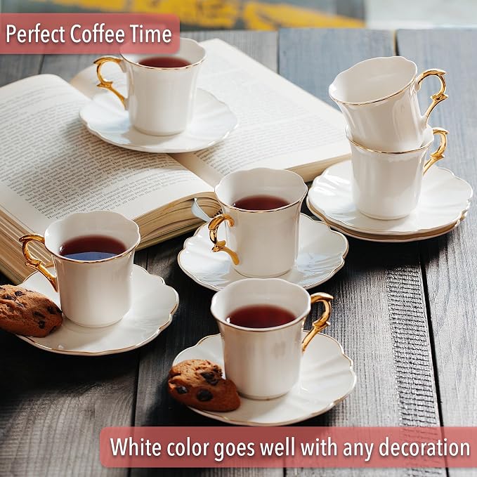 BTaT- Turkish Coffee Cup Set, 3 oz, 6 Set | Elegant White Cups Saucers Gold - Image 9