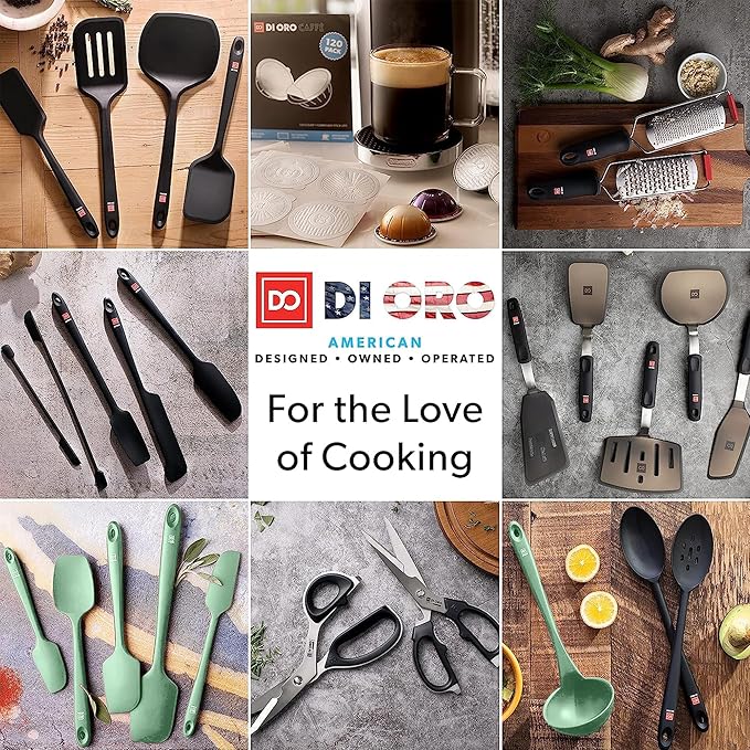 DI ORO Silicone Spoons for Cooking - Large Kitchen Spoons for Mixing, Serving, & Stirring - 600°F Heat-Resistant Non Stick Utensils – Big Solid & Slotted Basting Spoons - Dishwasher Safe (2pc, Sage)