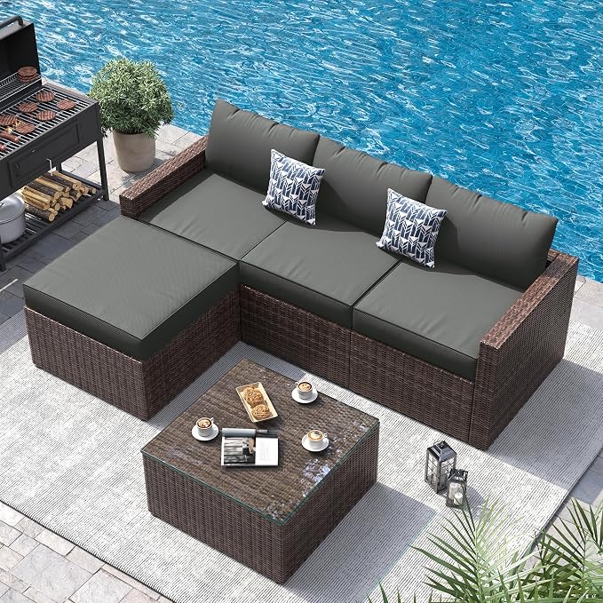 UDPATIO 5 Piece Patio Furniture Set, All-Weather Wicker Outdoor Sectional Sofa - Image 8
