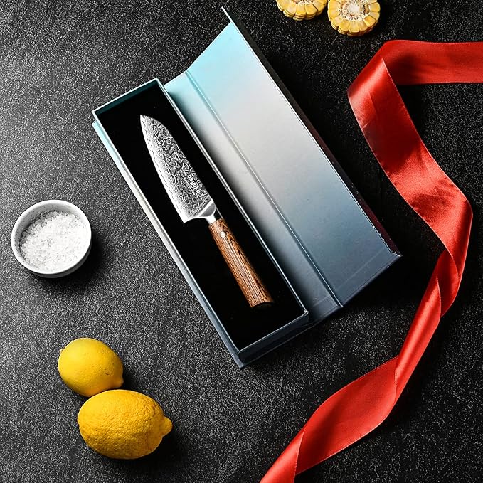 Santoku Knife 5 inches-Japan VG-10 Super Steel 67 Layer Damascus Steel-Sharp Kitchen Knife-Luxury Gift Box with Colored Wooden Handle-With Scabbard
