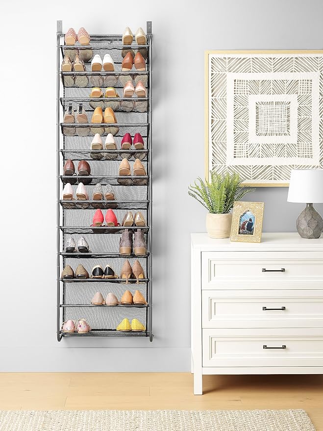 Whitmor 36 Pair Over the Door Shoe Organizer, 12 Tier Hanging Shoe Organizer, Heavy Duty Metal & Mesh Shoe Holder, Hanging Shoe Rack for Closet Organizer & Storage, 69"L x 21.7"W x 7.5"H, White