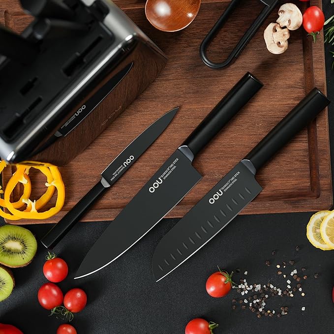 OOU Knife Set with Block and Sharpener,9 Pcs High Carbon German Steel Knife Block Set, Dishwasher Safe Knife Set with Upgrade Ventilated Block & Built-in Cutting Board Organizer, Anti-Rust