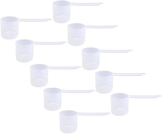 Plastic Measuring Scoop, (70 cc | 2.37 fl oz. | 70 mL) Long Handle Spoons for Powders, Granules, Coffee, Pet Food, Baking, Protein and Other Dry Goods, BPA Free (Set of 10)